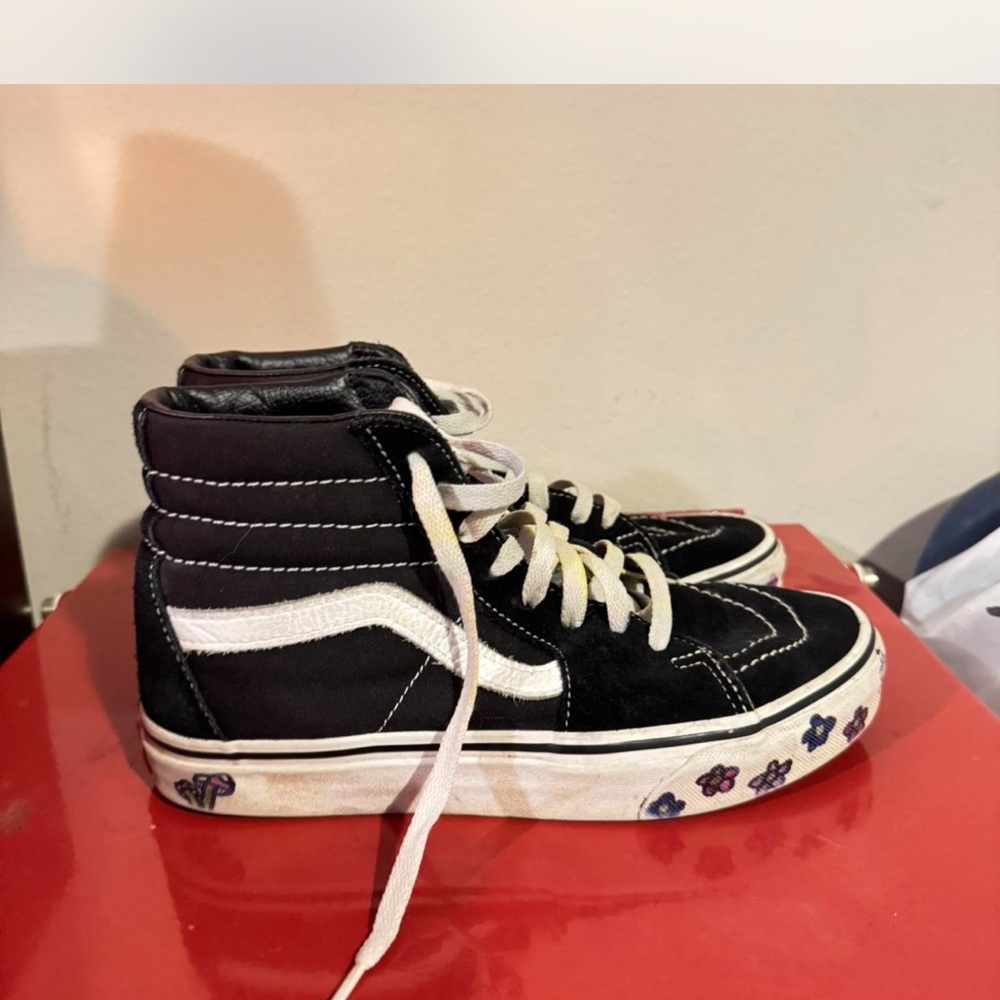 Vans Black and White High-Top Sneakers with Floral Sole